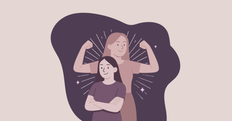 Problemi di autostima L'immagine mostra una figura femminile alle cui spalle c'è una sagoma che rappresenta la sua forza interiore