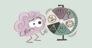 L'immagine rappresenta la difficoltà a gestire le emozioni attraverso la raffigurazione di un cervello stile cartoon, confuso davanti ad una ruota con le immagini di diverse emozioni