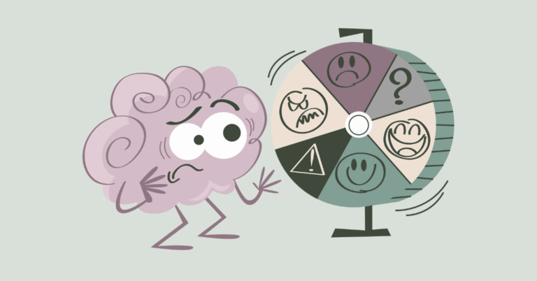 L'immagine rappresenta la difficoltà a gestire le emozioni attraverso la raffigurazione di un cervello stile cartoon, confuso davanti ad una ruota con le immagini di diverse emozioni