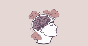 Iniziare un percorso psicologico L'immagine mostra un volto stilizzato, all'interno del quale si intravede il cervello. Intorno nuvole e stelline