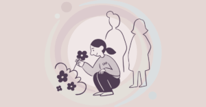 Essere neurodivergenti L'immagine mostra una figura femminile chinata nell'intento di cogliere un fiore. Sulla sua maglia, il simbolo dell'infinito spesso usato per rappresentare le neurodiversità.